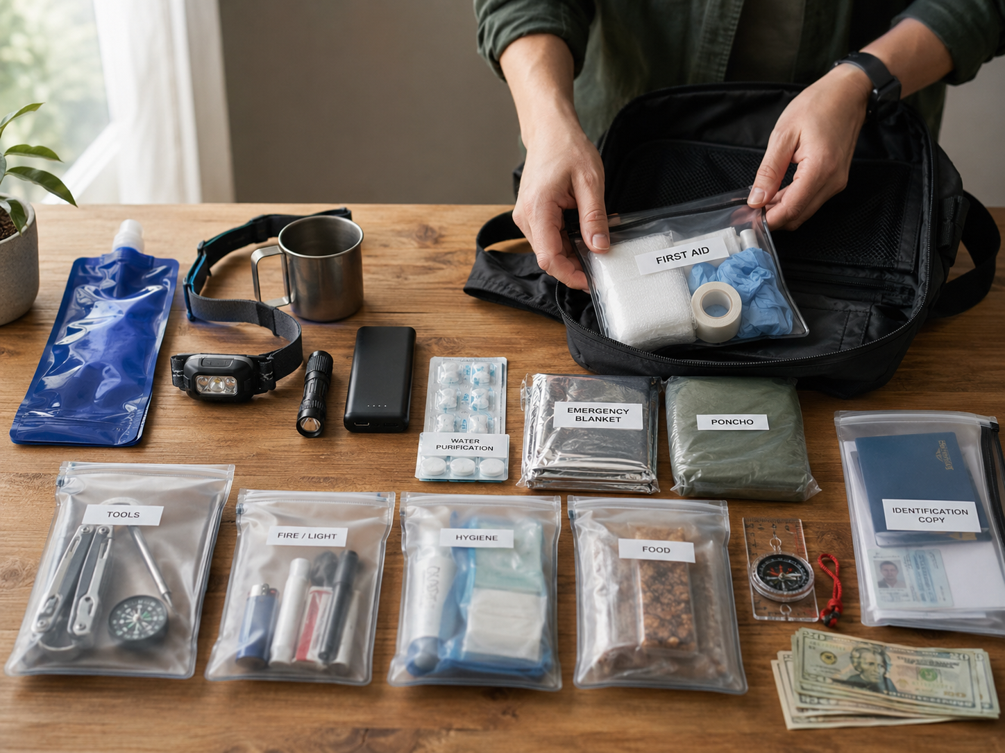 Person organizing survival kit items on a table