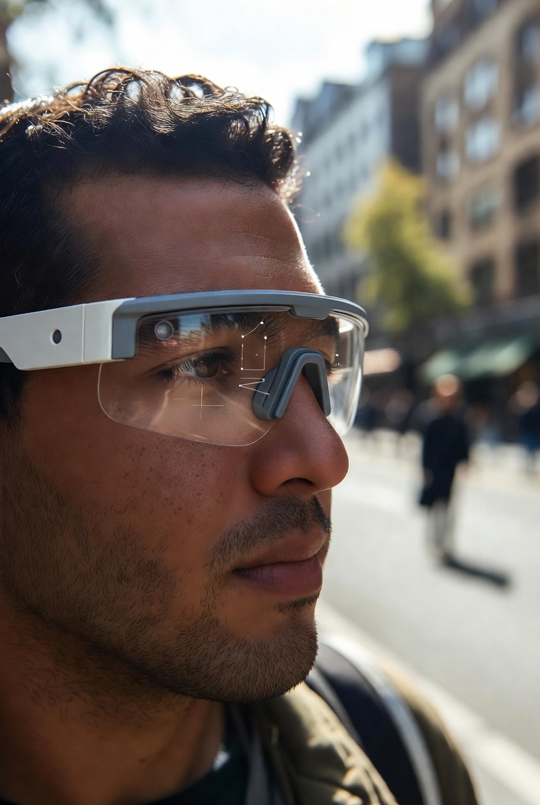 Person wearing smart glasses while checking a heads-up notification outdoors