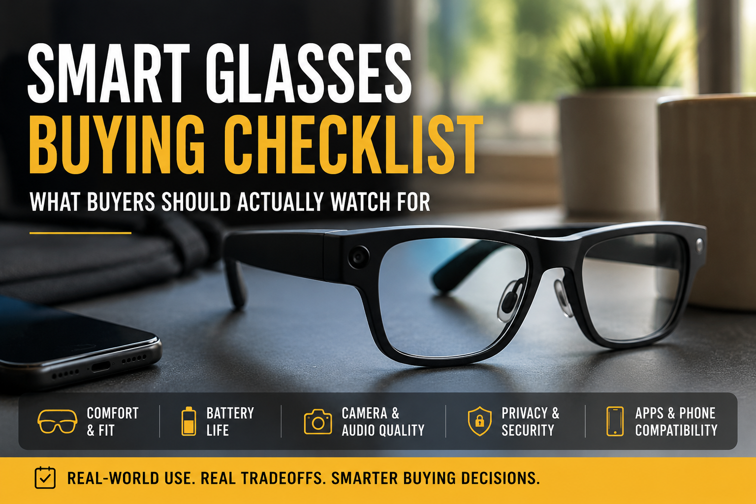 Smart glasses on a desk beside a phone with checklist-style graphics for comfort, battery life, camera quality, privacy, and app compatibility.
